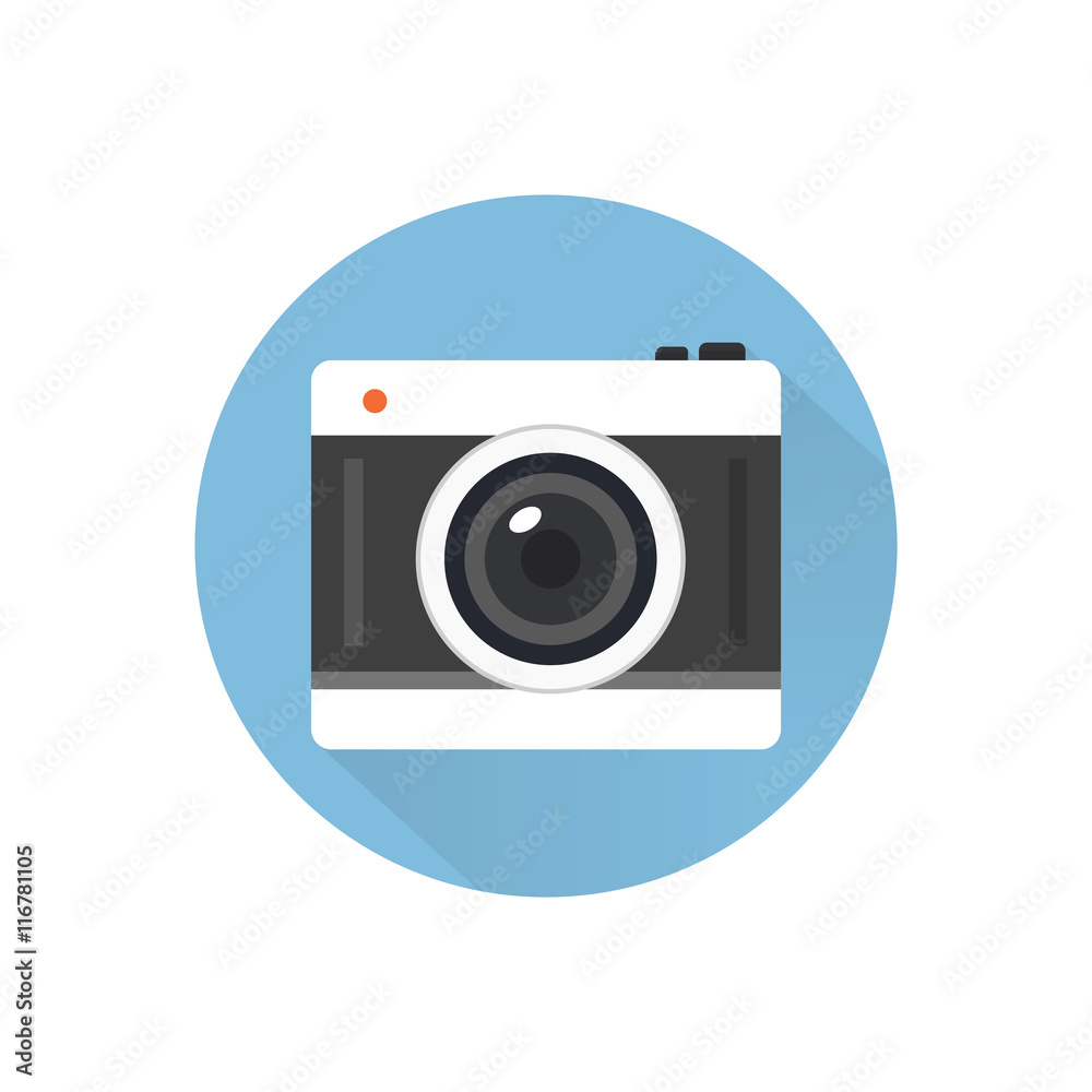 Flat style with long shadows, camera vector icon illustration.