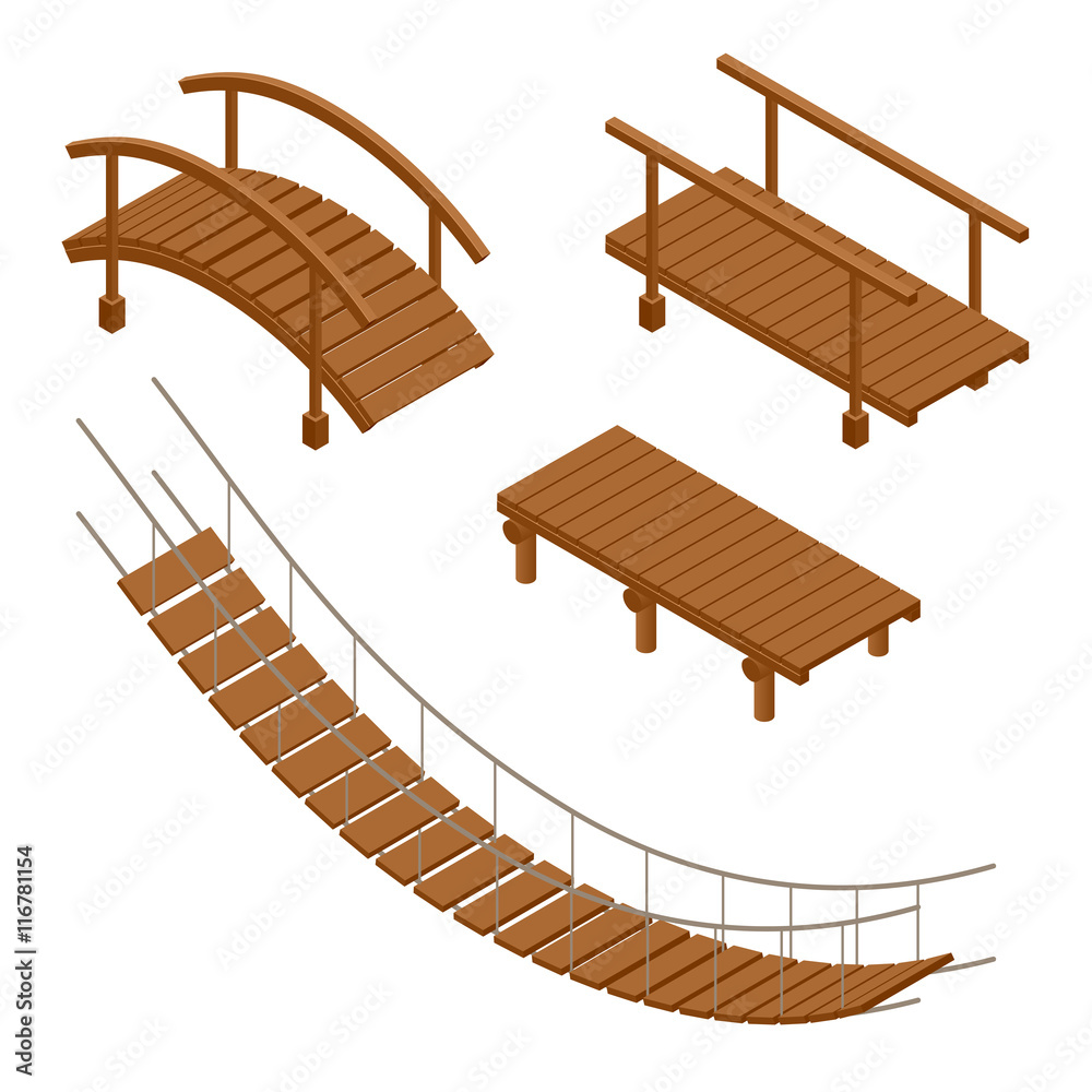 © Golden Sikorka - Hanging wooden bridge, wooden and hanging bridge vector illustrations. Flat 3d isometric set.