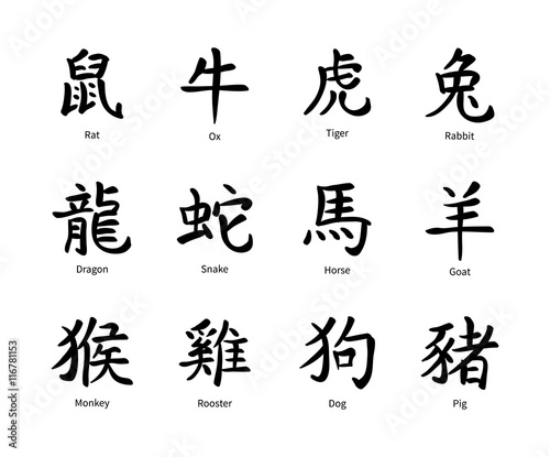 Chinese zodiac symbols, black hieroglyphs isolated on white