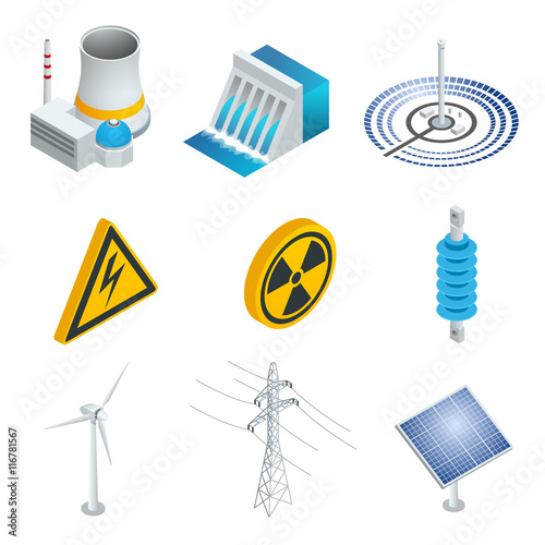 Nuclear power station, Solar power station, Wind turbine, solar panel, hydroelectric power station. 3d flat isometric set. Vector illustration of industrial icons.