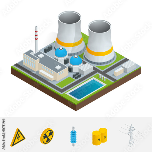 Vector isometric icon, infographic element representing nuclear power station, reactors, power lines and nuclear energy generation related facilities. Industrial landscape.