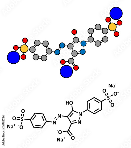 Tartrazine (E102) food dye molecule. Yellow azo dye used in food coloring.