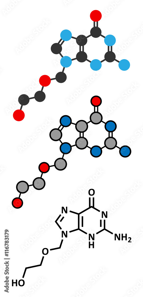 Acyclovir herpes drug molecule. Antiviral used in the treatment of shingles.