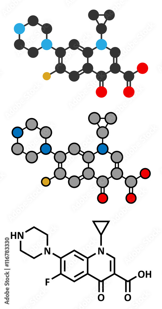 Ciprofloxacin antibiotic drug (fluoroquinolone class) molecule. Ciprofloxacin antibiotic drug (fluoroquinolone class) molecule.