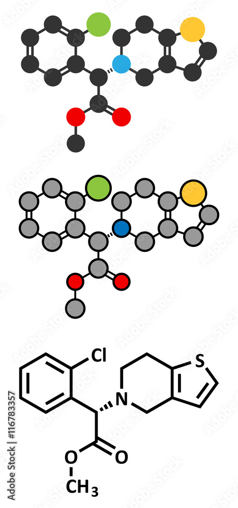 Clopidogrel antiplatelet agent molecule. Inhibits blood clotting. Clopidogrel antiplatelet agent molecule. Inhibits blood clotting.