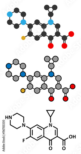 Ciprofloxacin antibiotic drug (fluoroquinolone class) molecule.