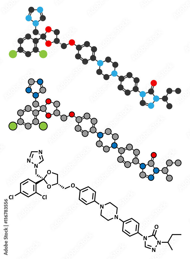 Itraconazole antifungal drug (triazole class) molecule.