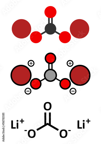 Lithium carbonate (Li2CO3) bipolar disorder drug molecule.