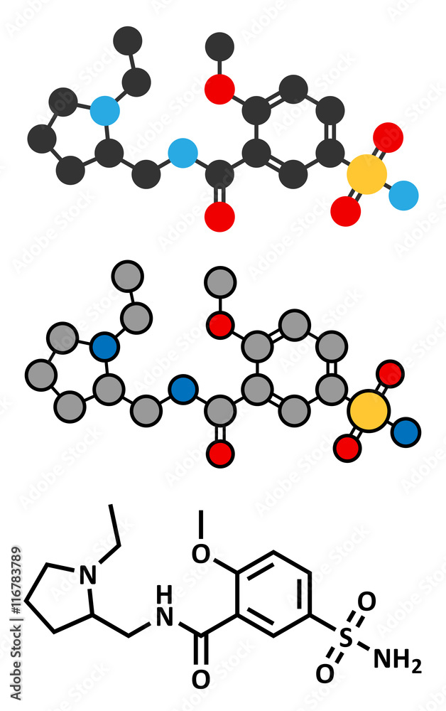 Sulpiride antipsychotic (neuroleptic) drug molecule. Sulpiride antipsychotic (neuroleptic) drug molecule.