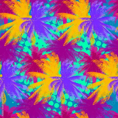 tropical pattern depicting pink and purple palm trees with with yellow highlights reflections on a turquoise background