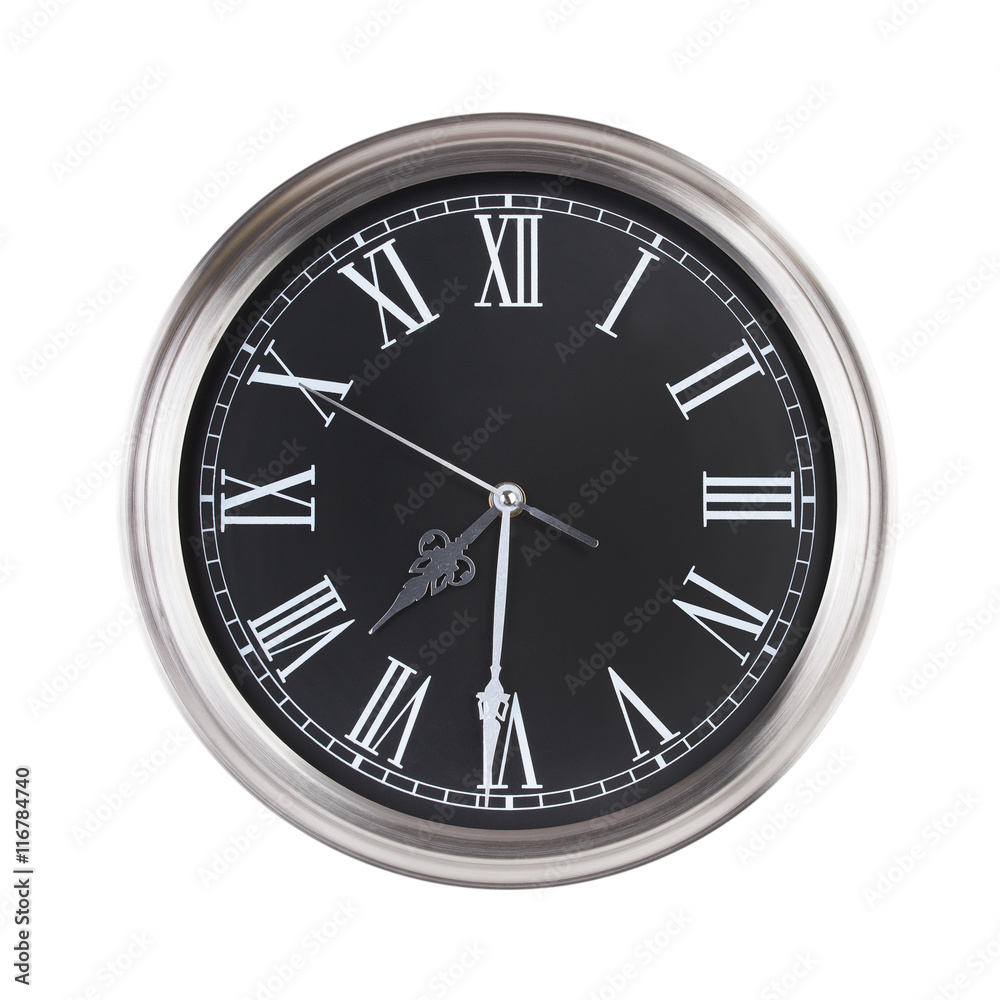 Round clock shows half past seven