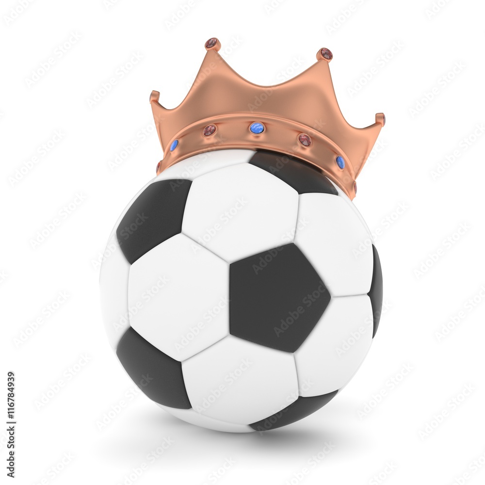 Soccer ball with bronze crown on white background. 3D rendering.