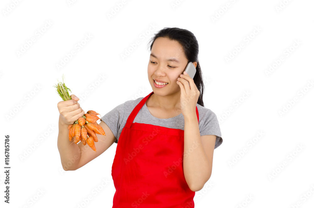 happy woman calling to someone before cooking about carrot,isolated on white background happy woman calling to someone before cooking about carrot,isolated on white background