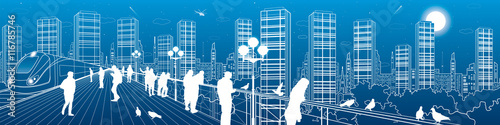 City life amazing panorama. Urban skyline, people watching from the bridge to the night megalopolis, train move, infrastructure and transportation illustration, vector design art