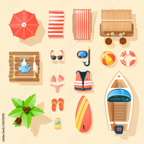 Beach Accessories Top View Icons Collection 