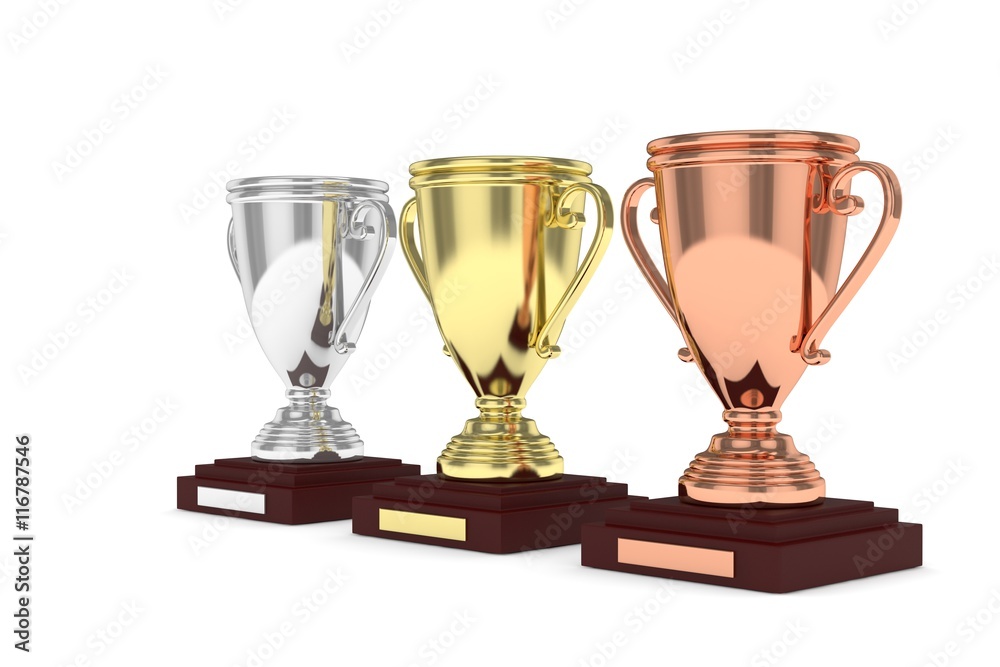 Three cups on white background. 3D rendering. Three cups on white background. 3D rendering.