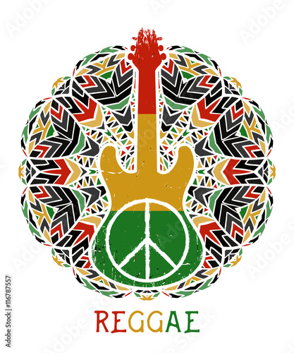 Peace symbol and guitar on ornate mandala background. Jamaica theme. Design concept in reggae colors for banner, card, t-shirt, bag, print, poster. Vector illustration