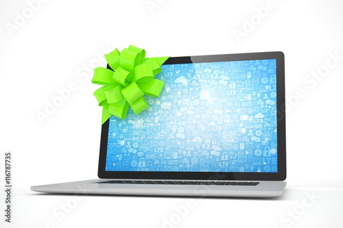 Tied laptop with green bow on white background. Modern present or gift for birthday  holiday  christmas. 3D rendering.