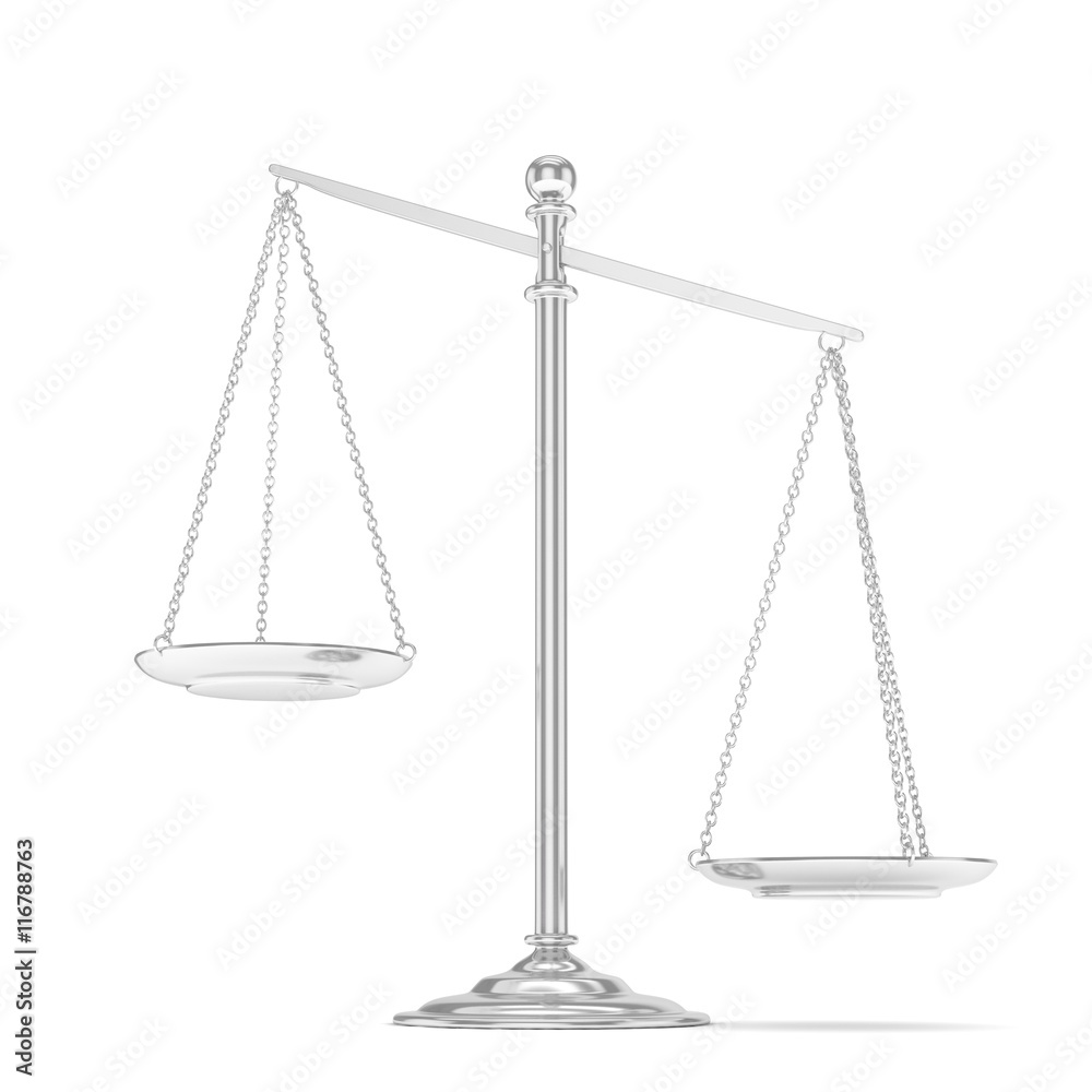 Isolated white silver scales on white background. Symbol of judgement. Law, measurement, liberty in one concept. 3D rendering.