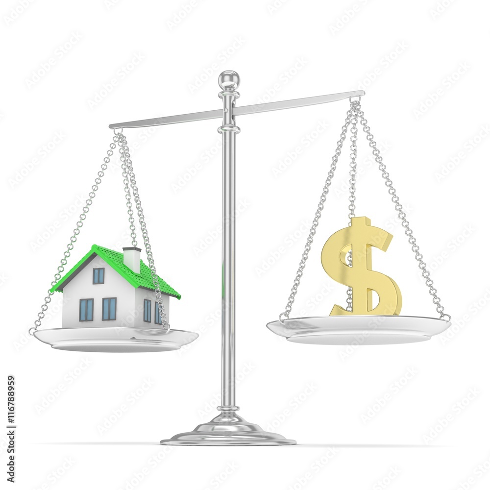 Isolated silver scales with golden dollar and house on white background. Investment or savings concept. Real estate and currency. 3D rendering. Isolated silver scales with golden dollar and house on white background. Investment or savings concept. Real estate and currency. 3D rendering.