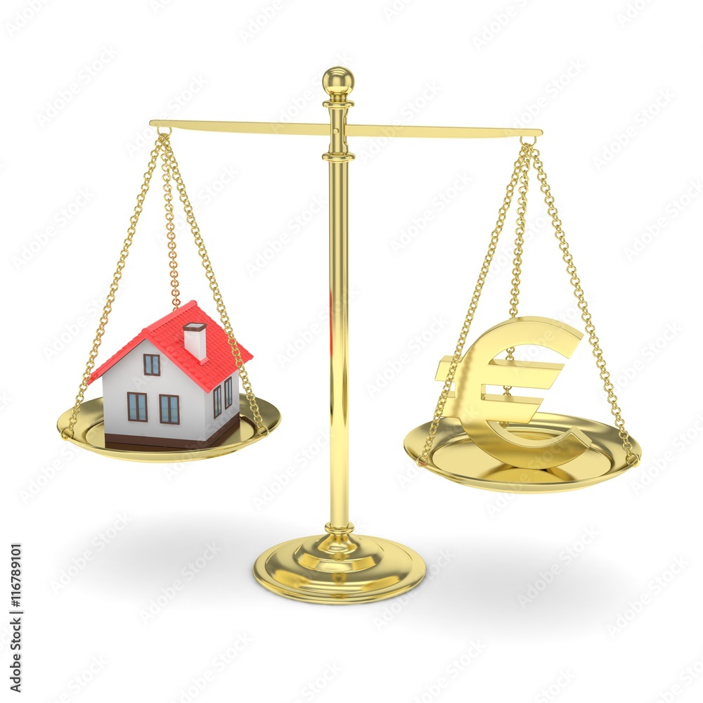 Isolated golden scales with golden euro and house on white background. Investment or savings concept. Real estate and currency. 3D rendering. Isolated golden scales with golden euro and house on white background. Investment or savings concept. Real estate and currency. 3D rendering.