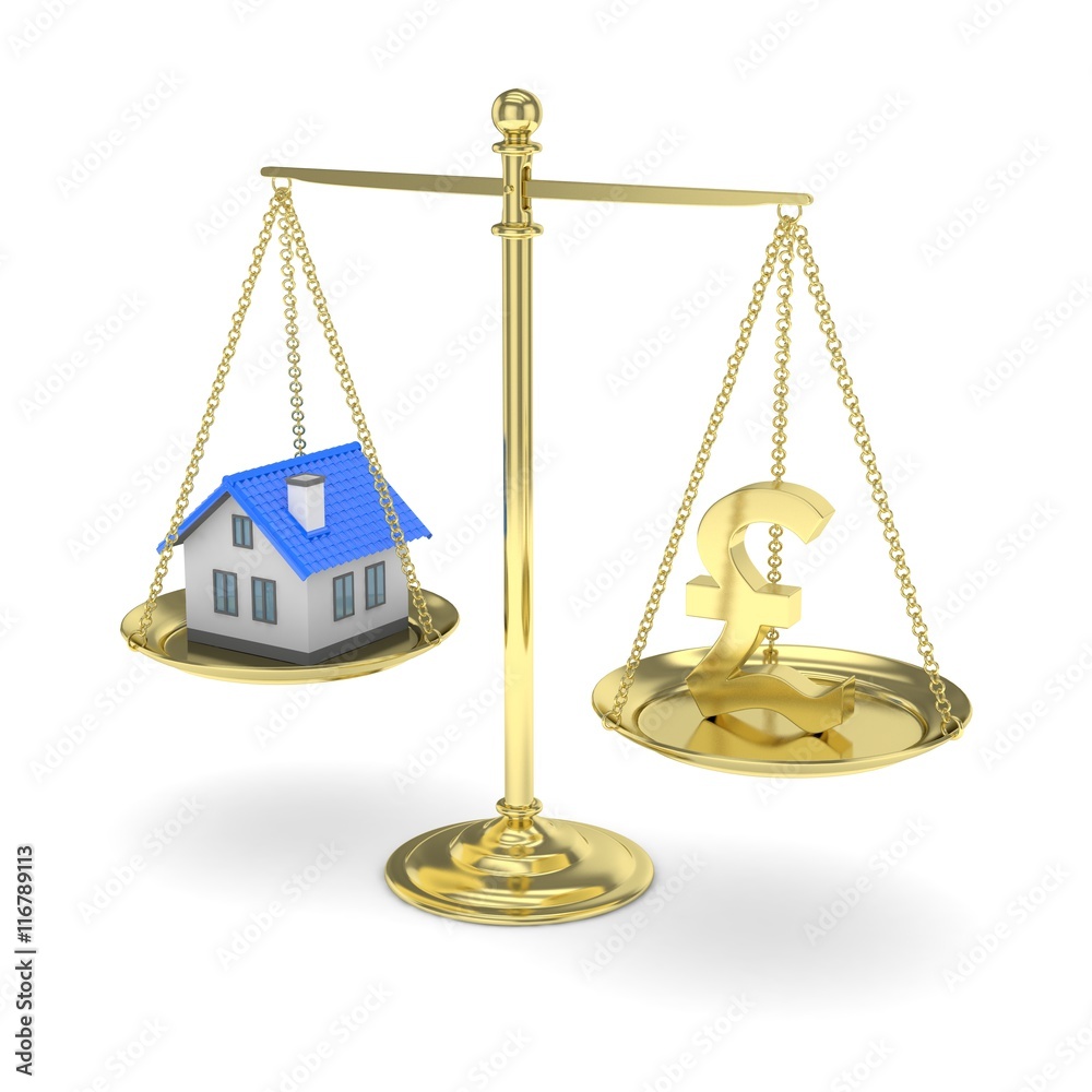 Isolated golden scales with golden pound and house on white background. Investment or savings concept. Real estate and currency. 3D rendering. Isolated golden scales with golden pound and house on white background. Investment or savings concept. Real estate and currency. 3D rendering.