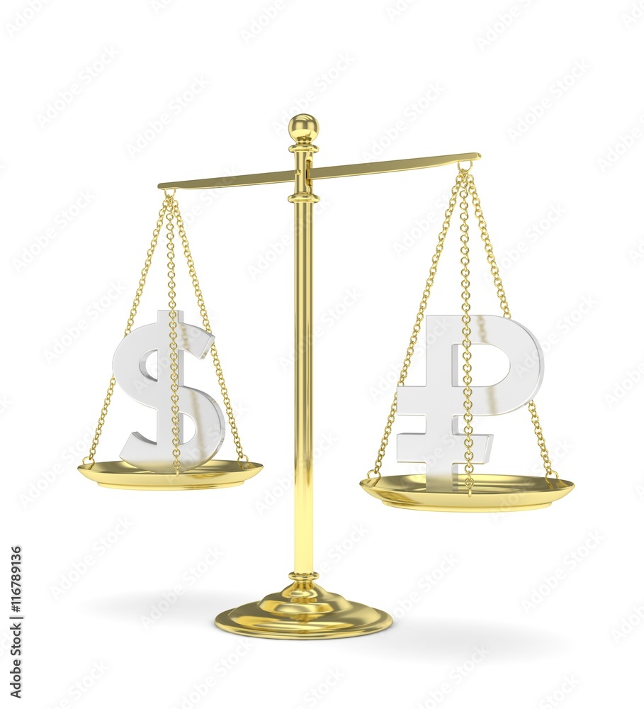 Isolated old fashioned pan scale with dollar and ruble on white background. American and russian currency. Currency equality. 3D rendering.