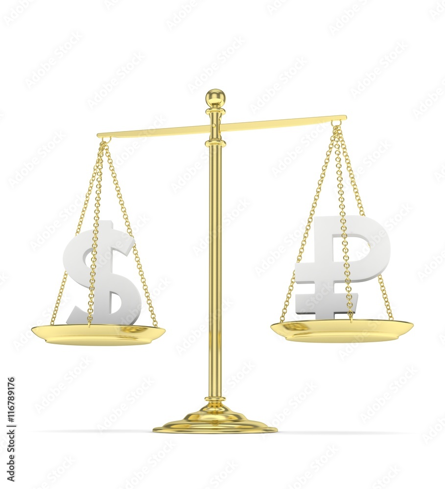 Isolated old fashioned pan scale with dollar and ruble on white background. American and russian currency. Currency equality. 3D rendering. Isolated old fashioned pan scale with dollar and ruble on white background. American and russian currency. Currency equality. 3D rendering.