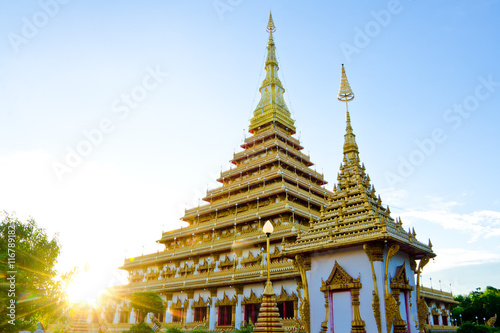 Thailand Bhudda temple golden Stupa Khonkaen landmark,Temple Sunset  in Khon Kaen, Thailand; Wat Nong Waeng (Temple), photo