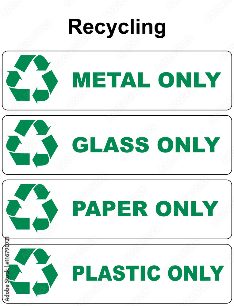 Recycling symbol with different sort of waste glass waste metal plastic