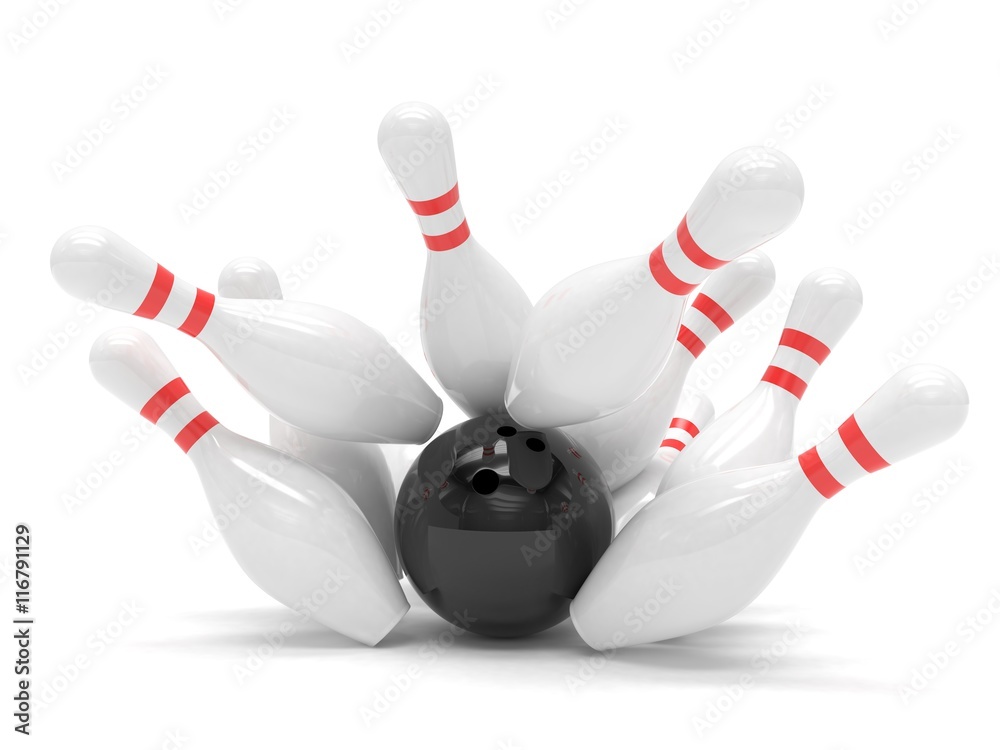 Bowling ball and skittles isolated. 3d rendering. Bowling ball and skittles isolated. 3d rendering.