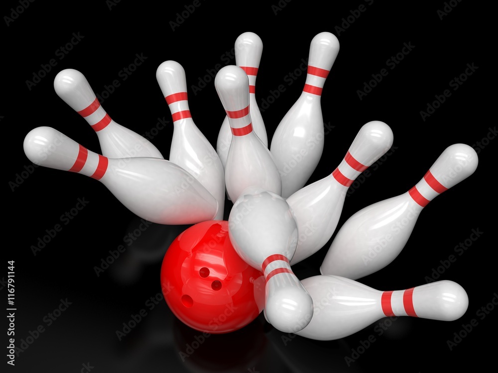 Bowling ball and skittles isolated. 3d rendering. Bowling ball and skittles isolated. 3d rendering.