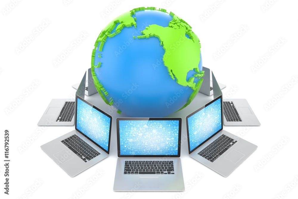 Laptop network around earth globe. 3d render Laptop network around earth globe. 3d render
