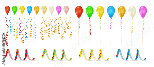 Golden and Happy Colored Streamer and Balloon 3D Vector Collection Set for Birthday and Carnival Design