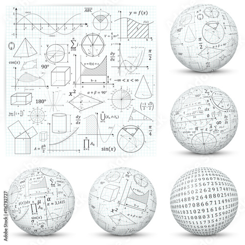 Obraz na płótnie Mathematical and Scientific Math Formula Vector Symbols and Icons - Flat and Textured 3D Sphere Design. w salonie