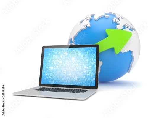 Laptop network and earth globe. 3d render