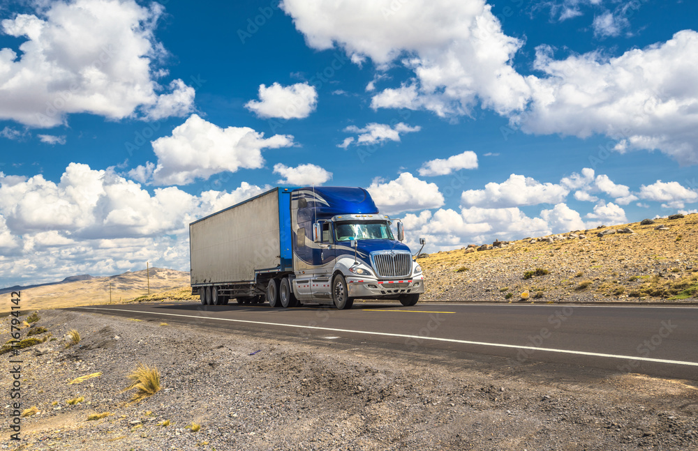 Naklejka premium Niebieska ciężarówka porusza się na autostradzie