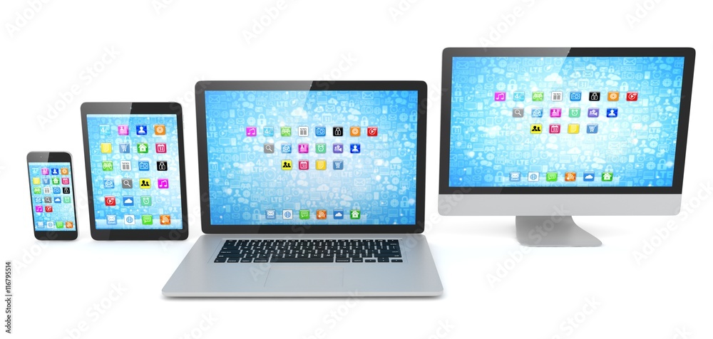 Responsive web design, laptop, smartphone, tablet, computer, display. 3d rendering. Responsive web design, laptop, smartphone, tablet, computer, display. 3d rendering.