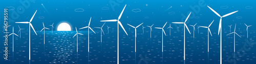 Ecology panorama, windmills, turbines at sea, wind force, energy illustration, vector design art