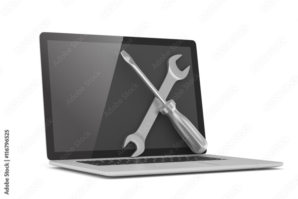 3D Illustration Wrench and screwdriver on laptop, service concept 3D Illustration Wrench and screwdriver on laptop, service concept
