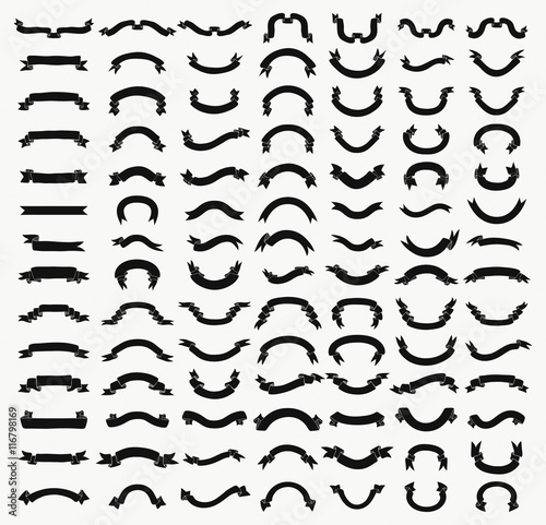 Vector Black Vintage Hand Drawn Ribbons, Banners Set