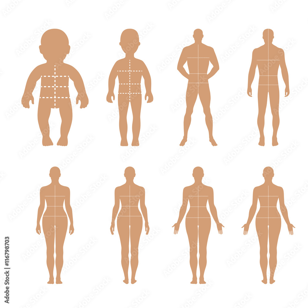 Full length front, back human silhouette set with marked body's Full length front, back human silhouette set with marked body's