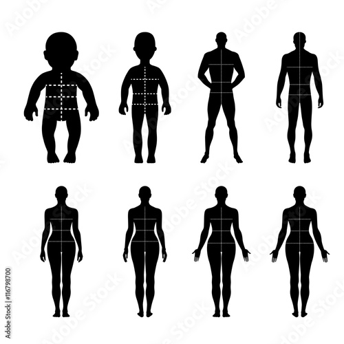 Full length front, back human silhouette set with marked body's