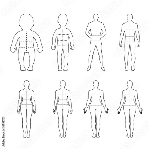 Full length front, back human outlined silhouette set with marke