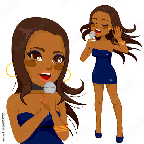 Beautiful African American pop singer woman with blowing hair singing passionately