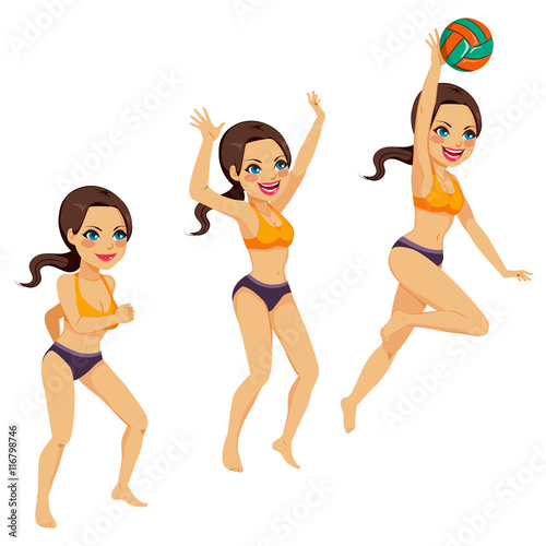 Beautiful brunette woman playing volleyball doing three smash action poses