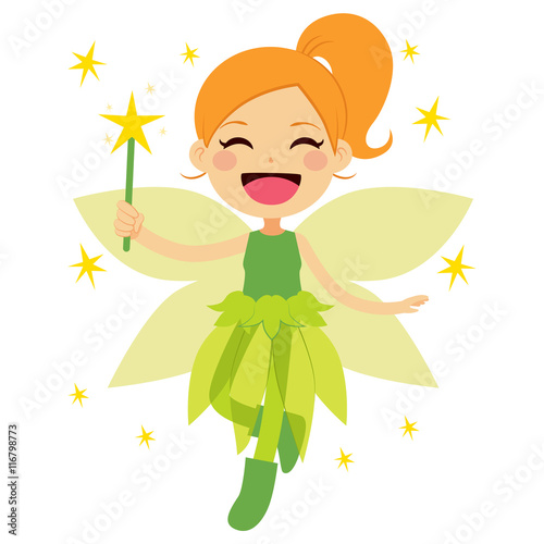 Cute green fairy holding magical star wand flying happy