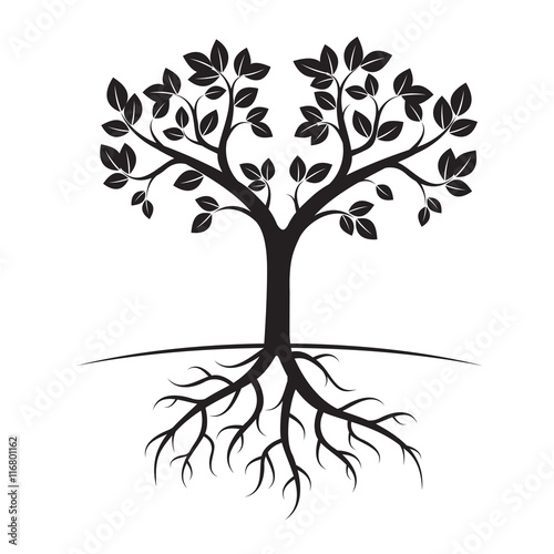 Black Tree and Leafs. Vector Illustration.