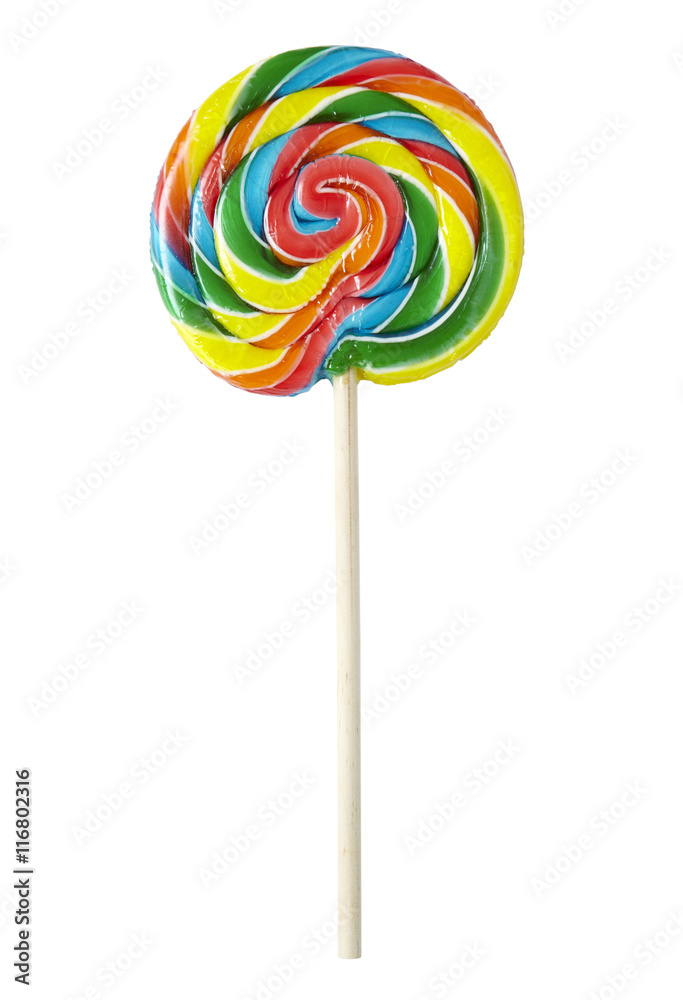 A colorful swirly candy lolly pop isolated on a white background A colorful swirly candy lolly pop isolated on a white background