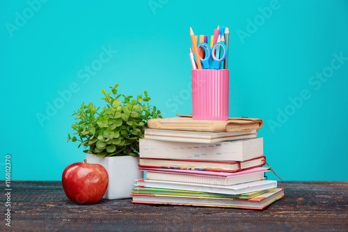 Obraz na plátně Back to School concept. Books, colored pencils and apple
